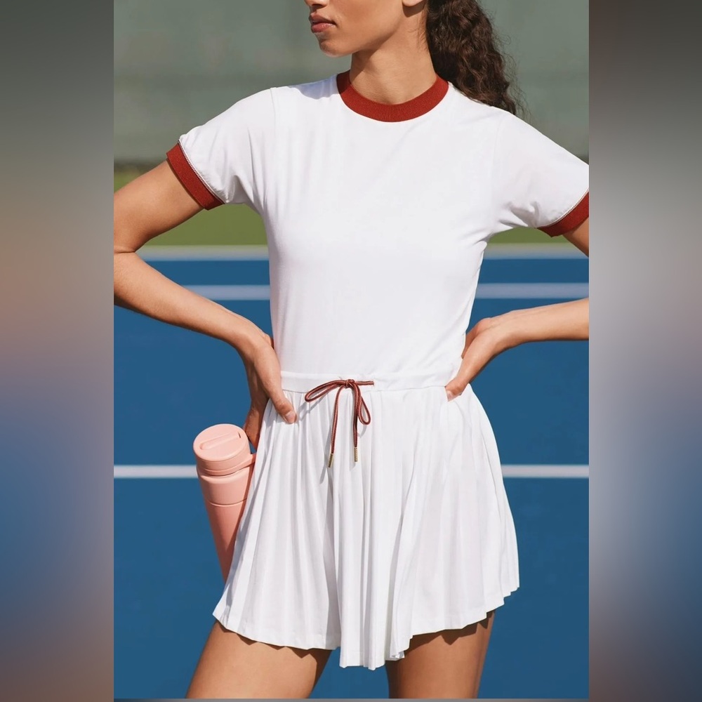 NWT Varley White Pleated Dress w Brown Trim Trent Court Dress in 2XI/Retail $138 - Picture 4 of 5
